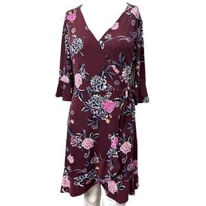 Candies Small Floral 3/4 Flutter Sleeve Faux Wrap Dress  V Neck Purple Plumb NWT